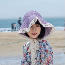 Ladies Straw Sunhat Wide Brim Beach Hat Lace Tie Up Sunbonnet Foldable Japanese  eb-58236346